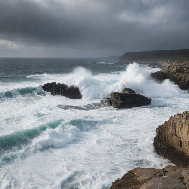 A seascape where mighty waves crash against rugged rocks. Capture a dramatic play of light on water and the raw power of the sea, creating a beautiful yet forceful image of nature's grandeur.