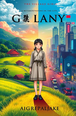 A captivating cover design for a novel illustrating the metamorphosis journey of a young village girl venturing into the city