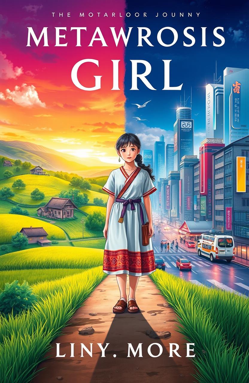 A captivating cover design for a novel illustrating the metamorphosis journey of a young village girl venturing into the city