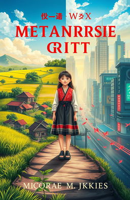 A captivating cover design for a novel illustrating the metamorphosis journey of a young village girl venturing into the city