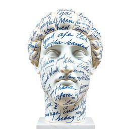 A full view of a Greek statue's head, artistically covered with large, flowing handwriting that encompasses its surface