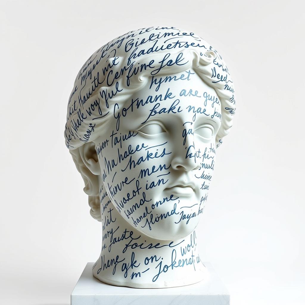 A full view of a Greek statue's head, artistically covered with large, flowing handwriting that encompasses its surface