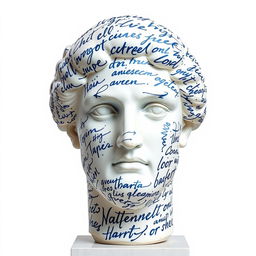 A full view of a Greek statue's head, artistically covered with large, flowing handwriting that encompasses its surface