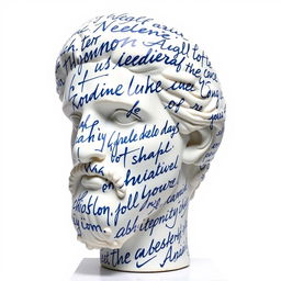 A full view of a Greek statue's head, artistically covered with large, flowing handwriting that encompasses its surface