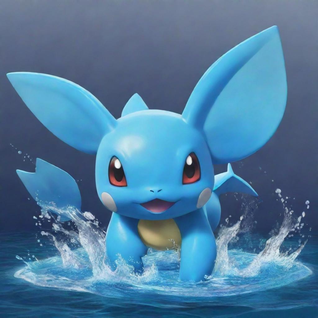 An imaginative Water-type Pokemon, or 'Fakemon', showcasing aquatic characteristics and distinctive, water-themed attack animations.