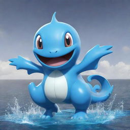 An imaginative Water-type Pokemon, or 'Fakemon', showcasing aquatic characteristics and distinctive, water-themed attack animations.