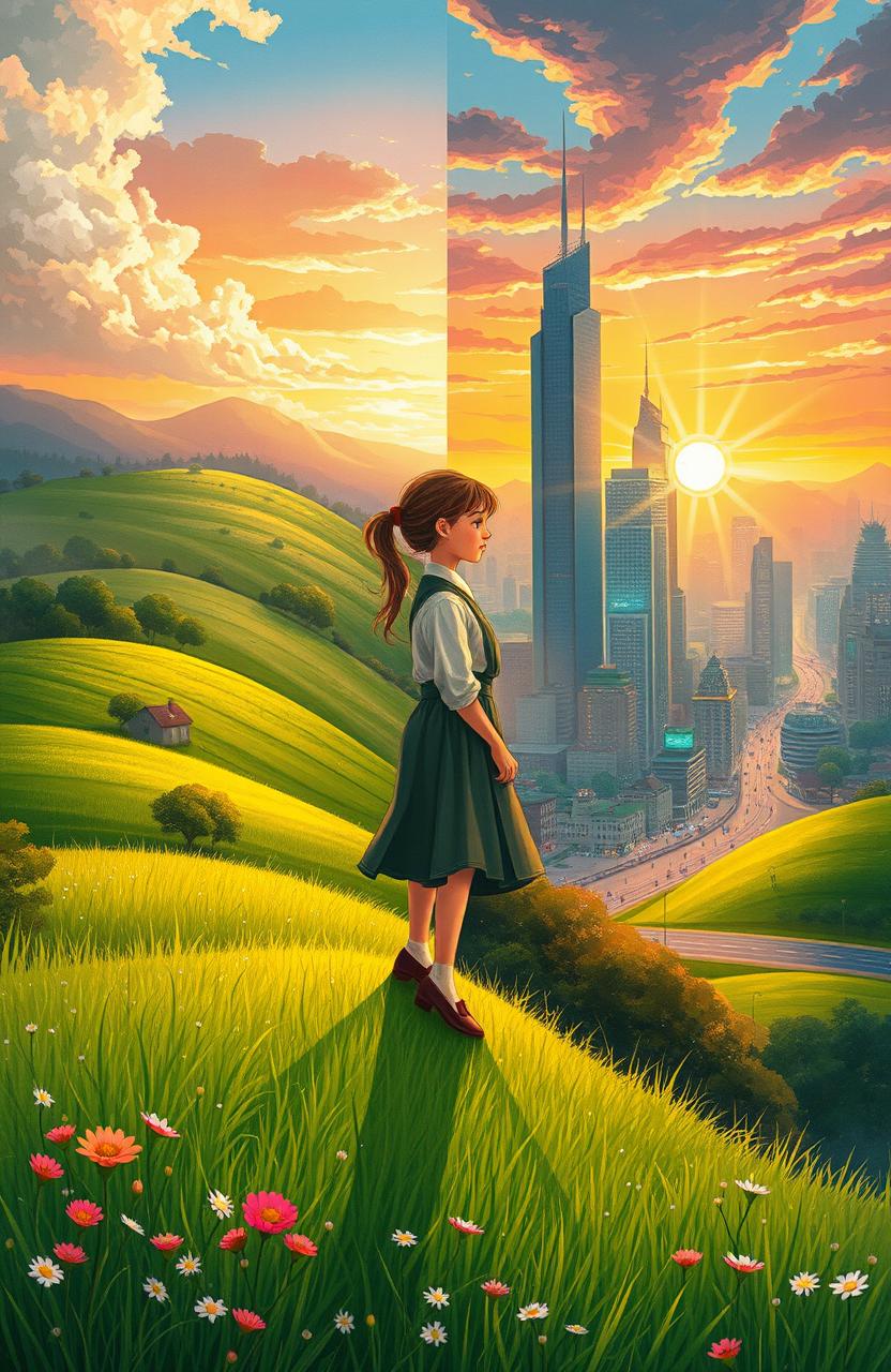 A captivating novel cover illustration depicting the metamorphosis of a young village girl venturing into the city