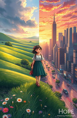 A captivating novel cover illustration depicting the metamorphosis of a young village girl venturing into the city