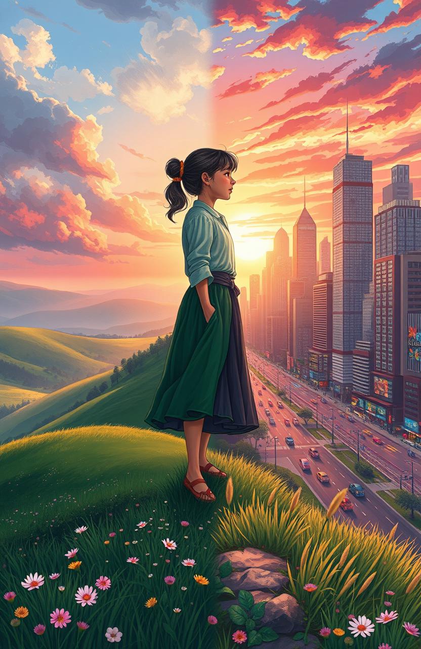 A captivating novel cover illustration depicting the metamorphosis of a young village girl venturing into the city