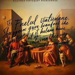 A full view of a Renaissance painting, artistically enhanced with large, expressive handwriting that overlays the artwork