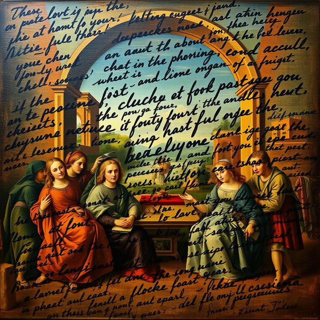 A full view of a Renaissance painting, artistically enhanced with large, expressive handwriting that overlays the artwork