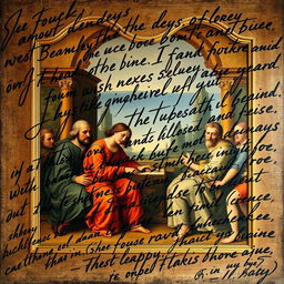 A full view of a Renaissance painting, artistically enhanced with large, expressive handwriting that overlays the artwork