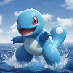 An imaginative Water-type Pokemon, or 'Fakemon', showcasing aquatic characteristics and distinctive, water-themed attack animations.