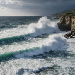 A captivating seascape with towering waves crashing against rocky shorelines. A dramatic play of light and shadows dances on the churning water, highlighting the raw power of nature.