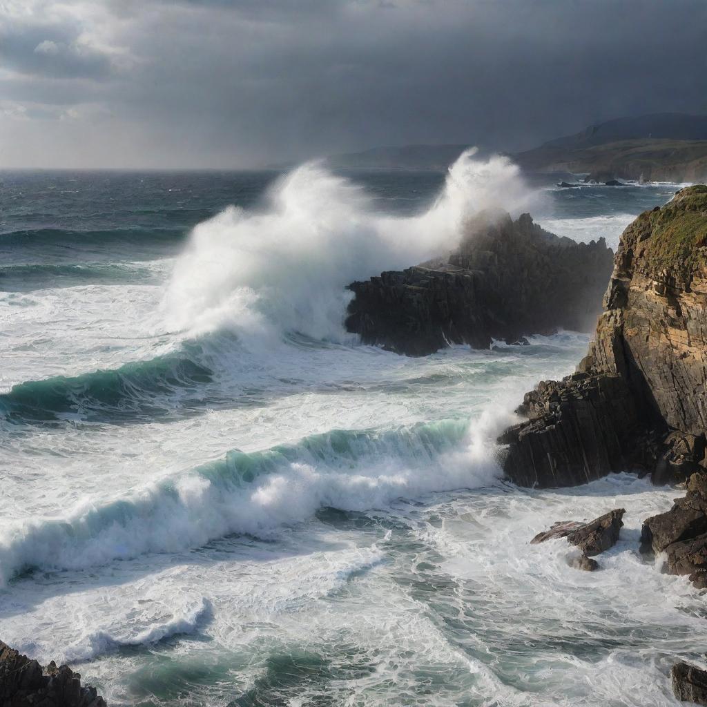 A captivating seascape with towering waves crashing against rocky shorelines. A dramatic play of light and shadows dances on the churning water, highlighting the raw power of nature.