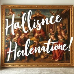 A full view of a Renaissance painting, decorated with large white handwriting that overlays the artwork