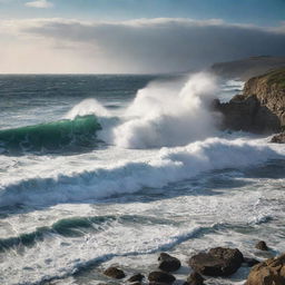 A captivating seascape with towering waves crashing against rocky shorelines. A dramatic play of light and shadows dances on the churning water, highlighting the raw power of nature.