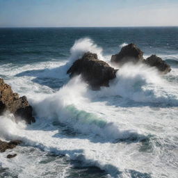 A captivating seascape with towering waves crashing against rocky shorelines. A dramatic play of light and shadows dances on the churning water, highlighting the raw power of nature.