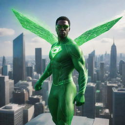 An advanced superhero powered by a fusion of polonium and hydrogen isotopes, emanating a bright green radiance, and flying high against the backdrop of a futuristic cityscape.