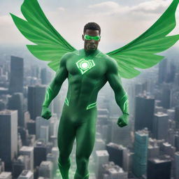 An advanced superhero powered by a fusion of polonium and hydrogen isotopes, emanating a bright green radiance, and flying high against the backdrop of a futuristic cityscape.