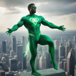 An advanced superhero powered by a fusion of polonium and hydrogen isotopes, emanating a bright green radiance, and flying high against the backdrop of a futuristic cityscape.