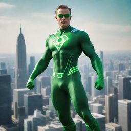 An advanced superhero powered by a fusion of polonium and hydrogen isotopes, emanating a bright green radiance, and flying high against the backdrop of a futuristic cityscape.