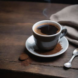 A hot steaming cup of rich dark coffee, set on a rustic wooden table, with a sprinkle of cocoa dust on top and a silver spoon nearby.