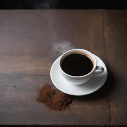 A hot steaming cup of rich dark coffee, set on a rustic wooden table, with a sprinkle of cocoa dust on top and a silver spoon nearby.