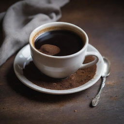 A hot steaming cup of rich dark coffee, set on a rustic wooden table, with a sprinkle of cocoa dust on top and a silver spoon nearby.