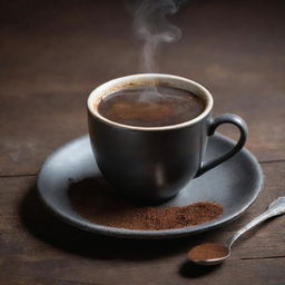 A hot steaming cup of rich dark coffee, set on a rustic wooden table, with a sprinkle of cocoa dust on top and a silver spoon nearby.