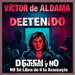 A captivating news headline art depicting a dramatic scene highlighting Victor de Aldama's arrest, with vivid colors showing urgency and tension