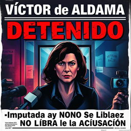 A captivating news headline art depicting a dramatic scene highlighting Victor de Aldama's arrest, with vivid colors showing urgency and tension