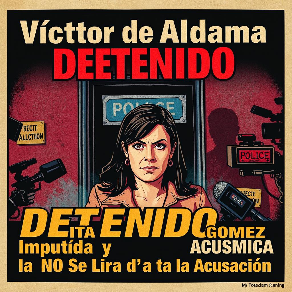 A captivating news headline art depicting a dramatic scene highlighting Victor de Aldama's arrest, with vivid colors showing urgency and tension