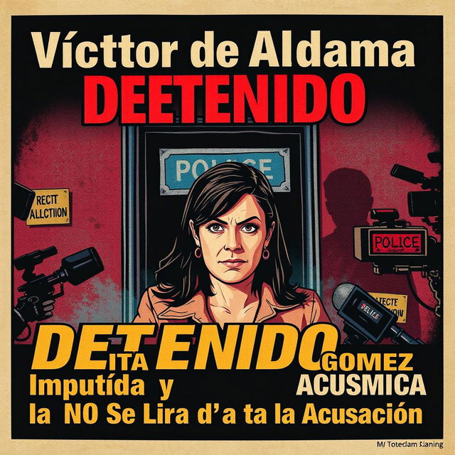 A captivating news headline art depicting a dramatic scene highlighting Victor de Aldama's arrest, with vivid colors showing urgency and tension