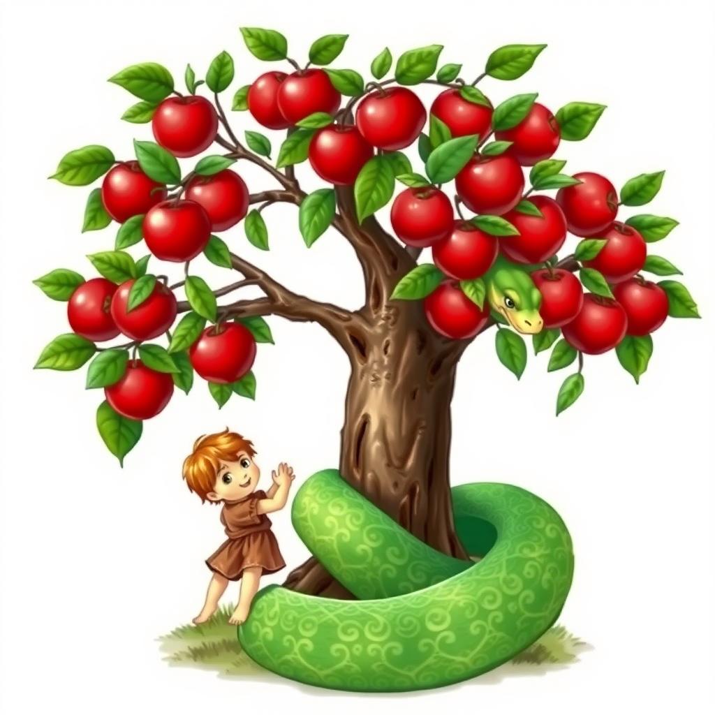 A medieval art style depiction of an apple tree with lush, red apples, under which two little boys are playing happily