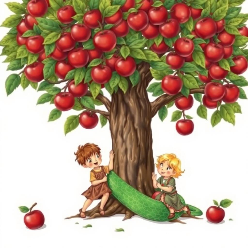 A medieval art style depiction of an apple tree with lush, red apples, under which two little boys are playing happily