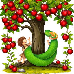 A medieval art style depiction of an apple tree with lush, red apples, under which two little boys are playing happily