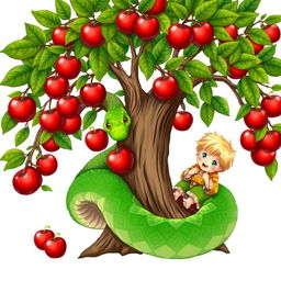 A medieval art style depiction of an apple tree with lush, red apples, under which two little boys are playing happily