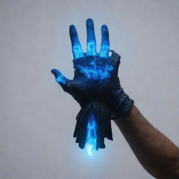 A figure composed entirely of luminescent blue energy materializes, characterized by a powerful black gauntlet on its hand emphasized by it being the only element not made of energy.