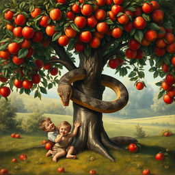 A serene scene depicting an apple tree laden with ripe apples, where a large, majestic snake gracefully coils around the trunk