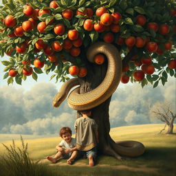 A serene scene depicting an apple tree laden with ripe apples, where a large, majestic snake gracefully coils around the trunk