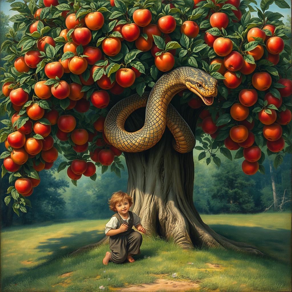 A serene scene depicting an apple tree laden with ripe apples, where a large, majestic snake gracefully coils around the trunk