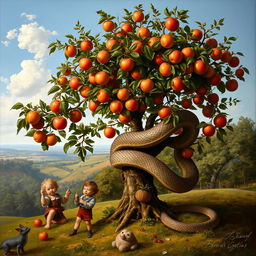 A full view of a small apple tree, its branches gracefully bending under the weight of ripe apples, with a large, majestic snake wrapped around the trunk