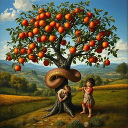 A full view of a small apple tree, its branches gracefully bending under the weight of ripe apples, with a large, majestic snake wrapped around the trunk