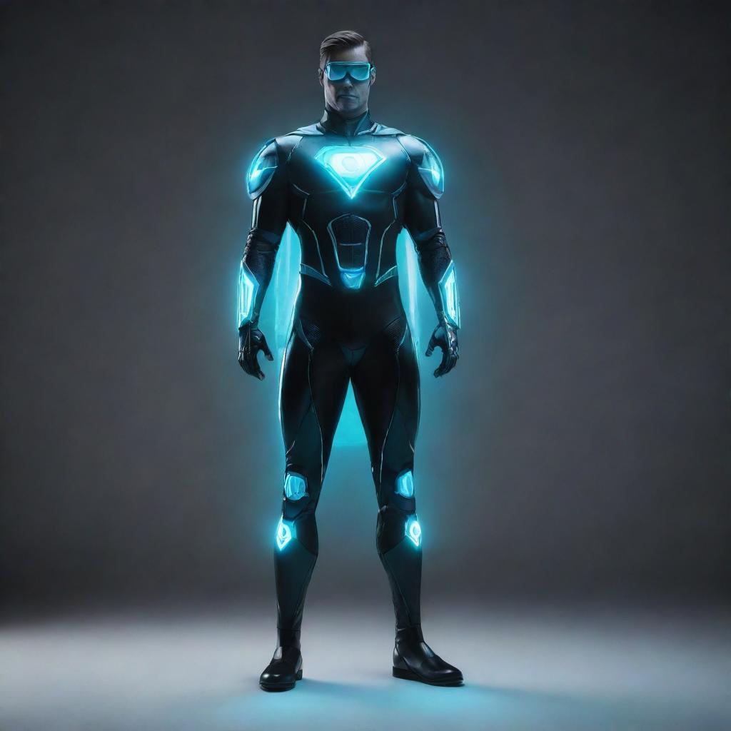 A futuristic costume concept glowing with the energy of polonium and hydrogen, capturing the essence of these elements in the form of a superhero outfit.