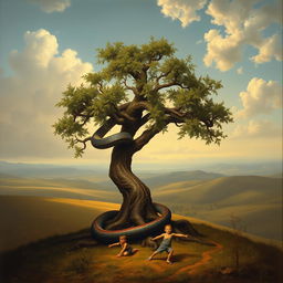 A full view of a small tree with a giant snake coiling around its trunk, creating a striking visual contrast