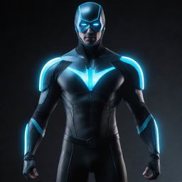 A futuristic costume concept glowing with the energy of polonium and hydrogen, capturing the essence of these elements in the form of a superhero outfit.