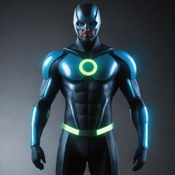 A futuristic costume concept glowing with the energy of polonium and hydrogen, capturing the essence of these elements in the form of a superhero outfit.