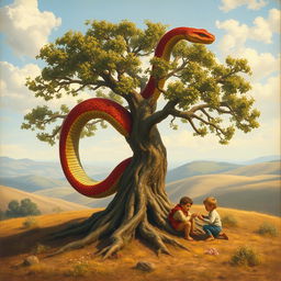 A full view of a small tree with a mythological giant snake, its scales shimmering in vibrant colors as it gracefully coils around the trunk