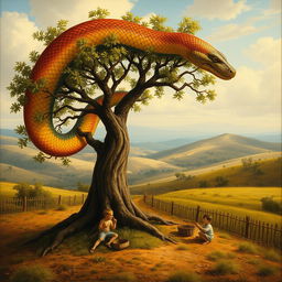 A full view of a small tree with a mythological giant snake, its scales shimmering in vibrant colors as it gracefully coils around the trunk